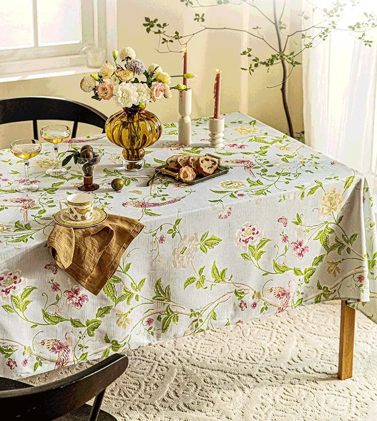 Singing Bird Tablecloth for Round Table, Kitchen Table Cover, Flower Table Cover for Dining Room Table, Modern Rectangle Tablecloth Ideas for Oval Table