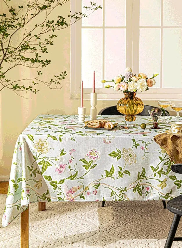 Singing Bird Tablecloth for Round Table, Kitchen Table Cover, Flower Table Cover for Dining Room Table, Modern Rectangle Tablecloth Ideas for Oval Table