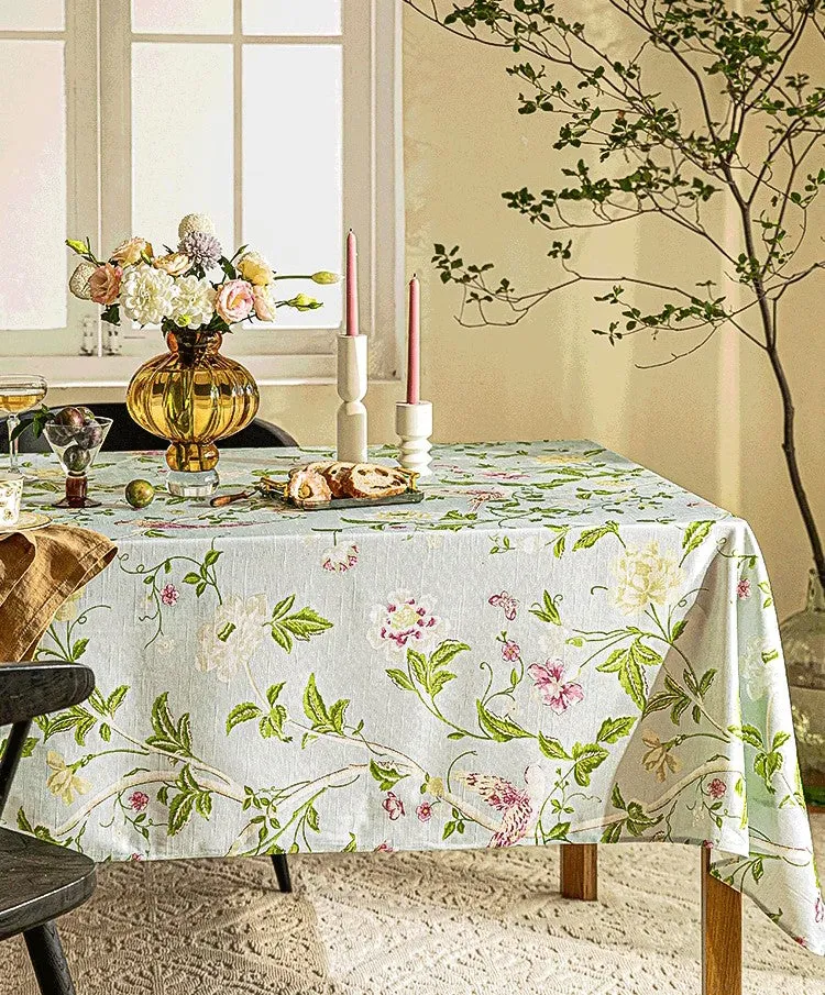 Singing Bird Tablecloth for Round Table, Kitchen Table Cover, Flower Table Cover for Dining Room Table, Modern Rectangle Tablecloth Ideas for Oval Table