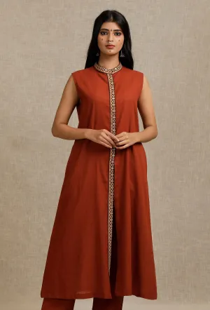 Solid Rust Bandhgala Kurta with Embroidery Details