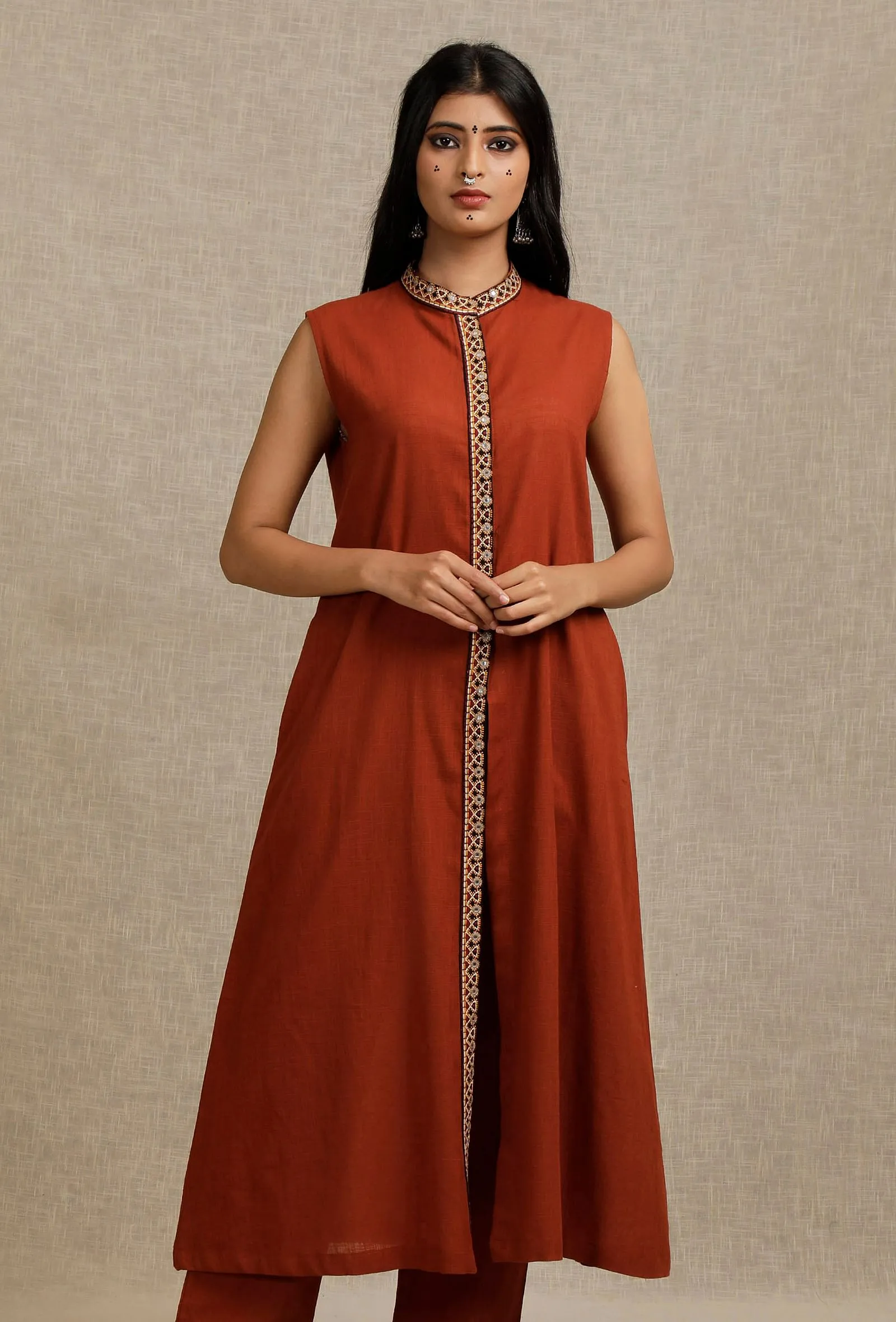 Solid Rust Bandhgala Kurta with Embroidery Details