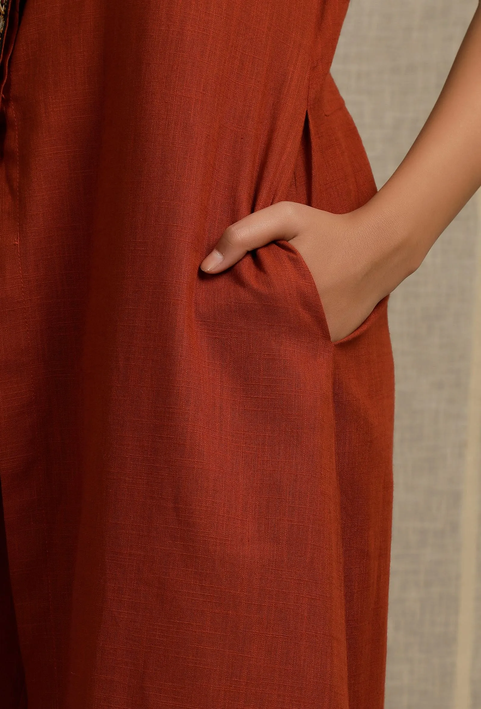 Solid Rust Bandhgala Kurta with Embroidery Details
