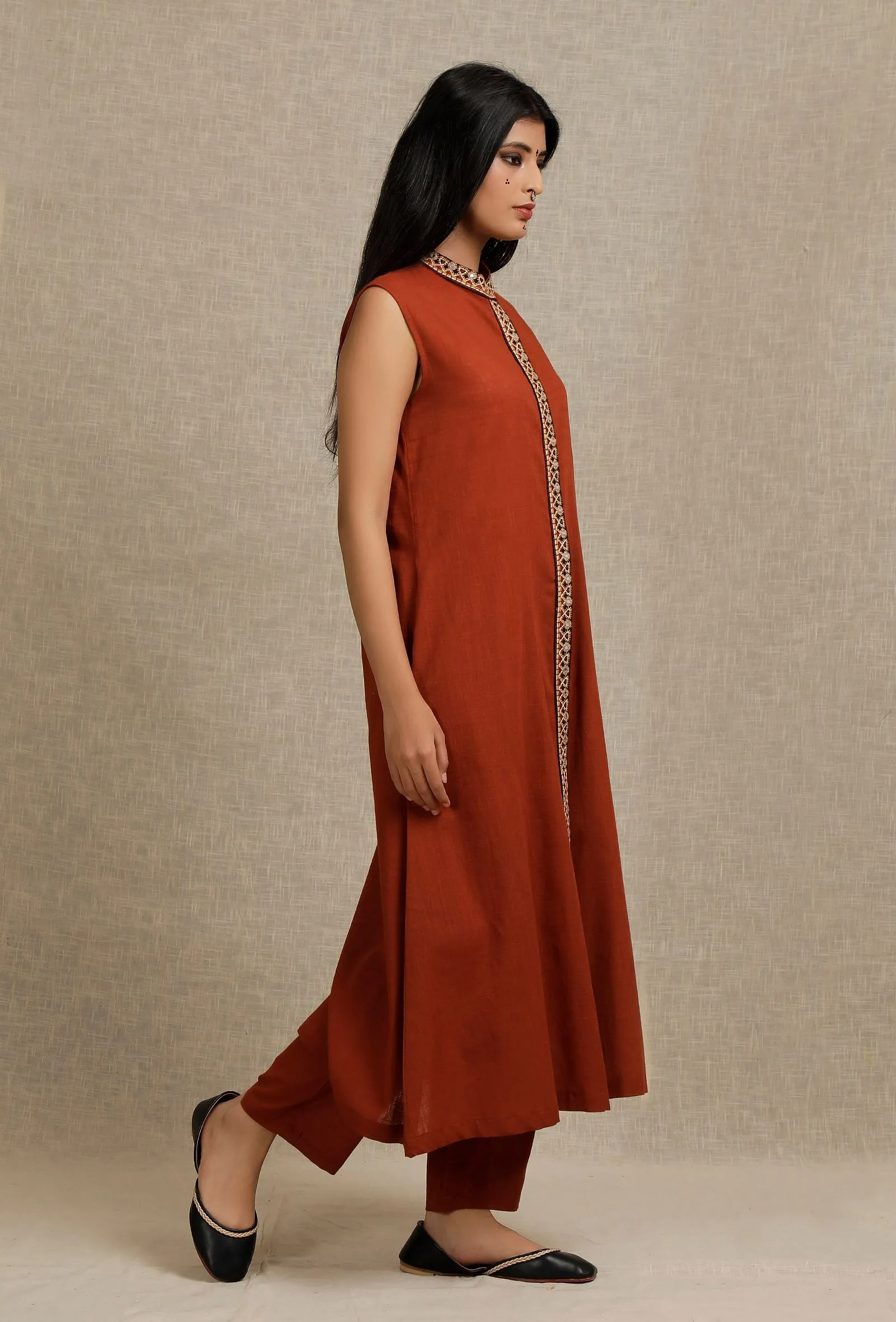 Solid Rust Bandhgala Kurta with Embroidery Details
