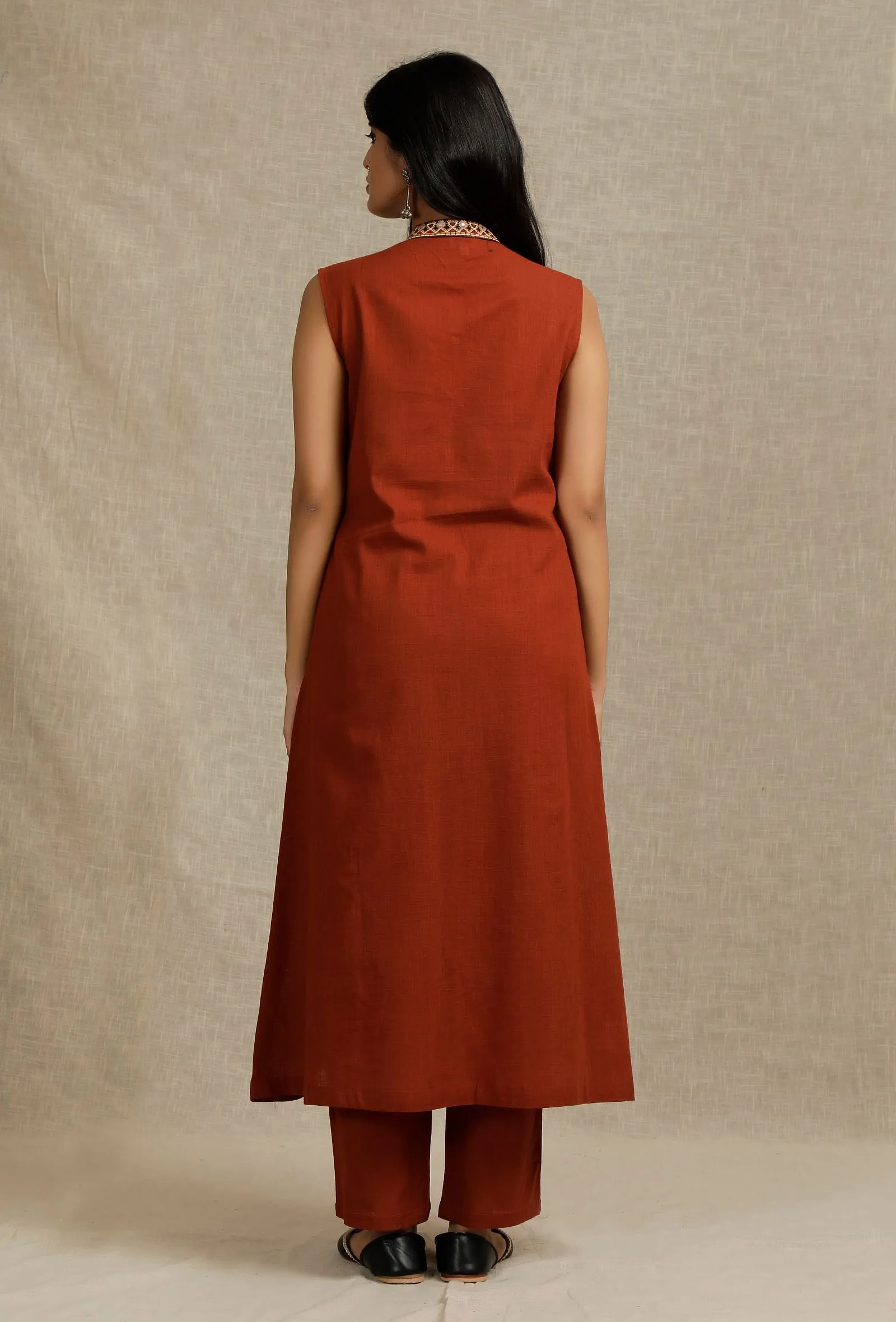 Solid Rust Bandhgala Kurta with Embroidery Details