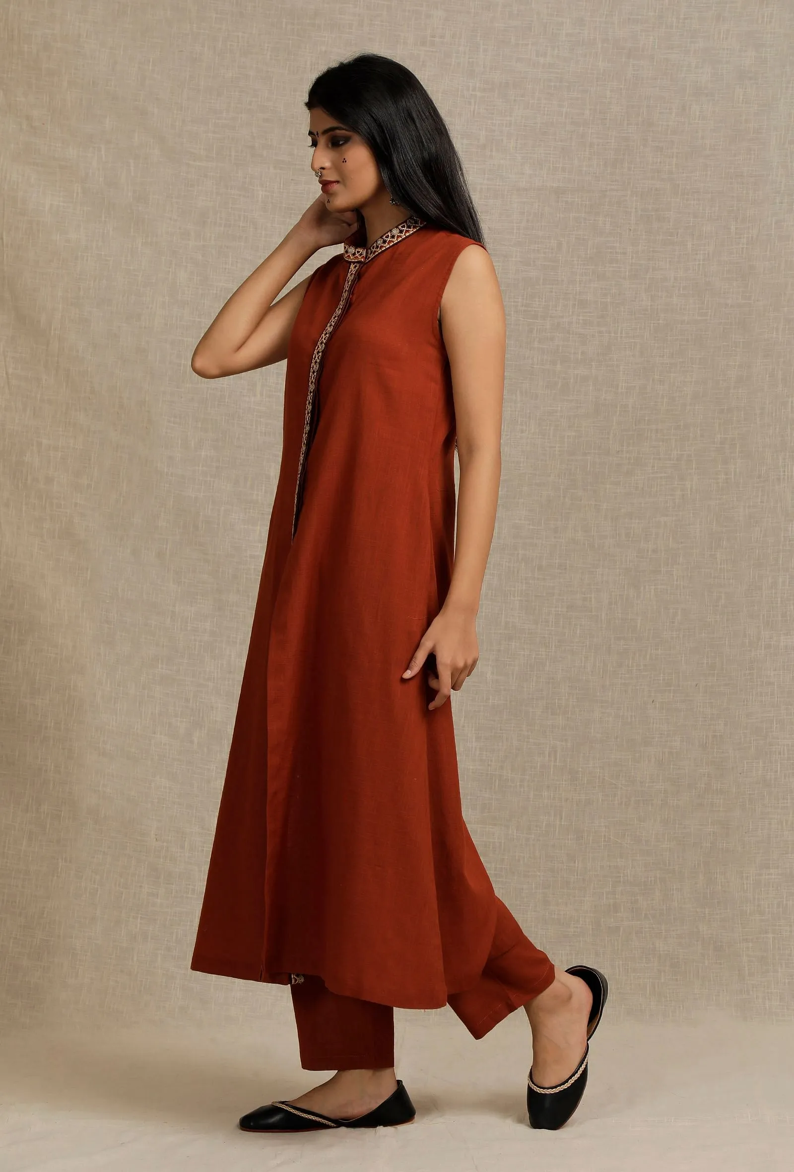 Solid Rust Bandhgala Kurta with Embroidery Details