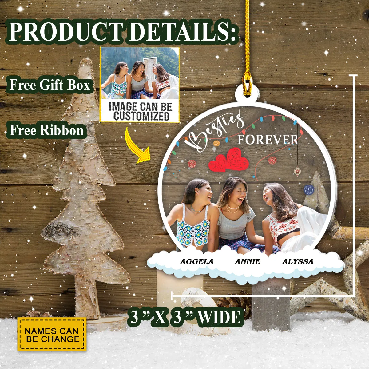 Teesdily | Besties Forever Personalized Photo Rear View Mirror Charm Christmas Bff Car Pendant Hanging Friend Christmas Keepsake Gifts Xmas Tree Decor