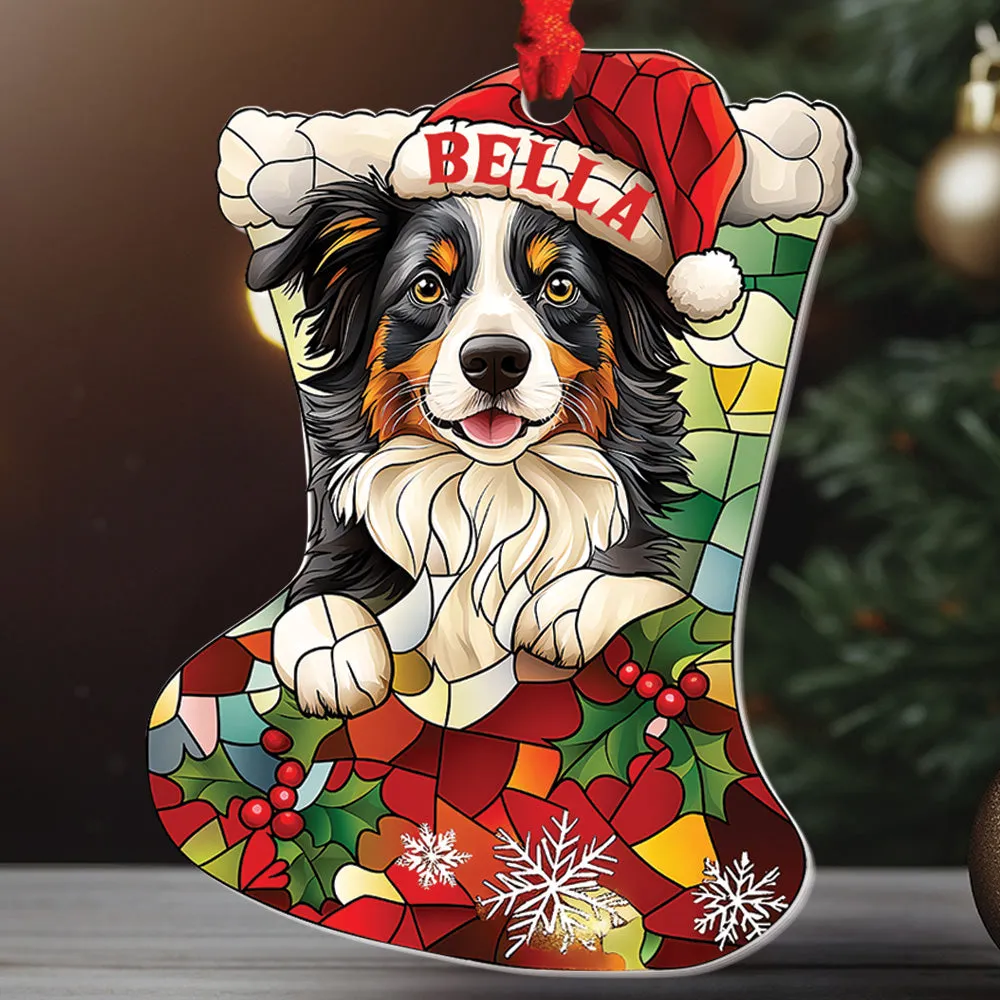 Teesdily | Custom Border Collie Ornament Christmas, Dog Santa Christmas Stocking Stain Glass Printed 2D Ornament, Dog Lover Gift