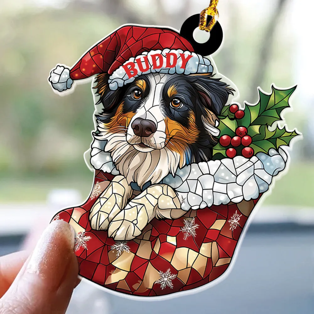 Teesdily | Custom Border Collie Ornament Christmas, Dog Santa Christmas Stocking Stain Glass Printed 2D Ornament, Dog Lover Gift
