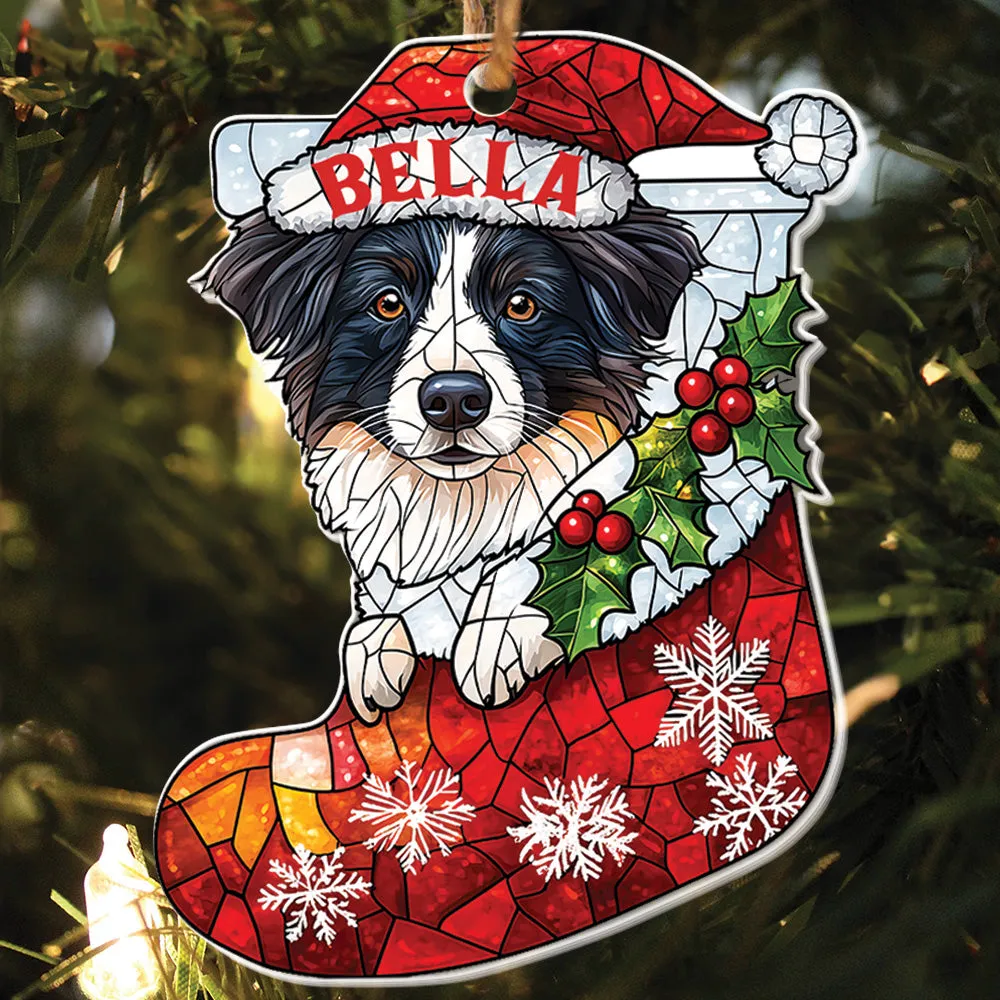 Teesdily | Custom Border Collie Ornament Christmas, Dog Santa Christmas Stocking Stain Glass Printed 2D Ornament, Dog Lover Gift