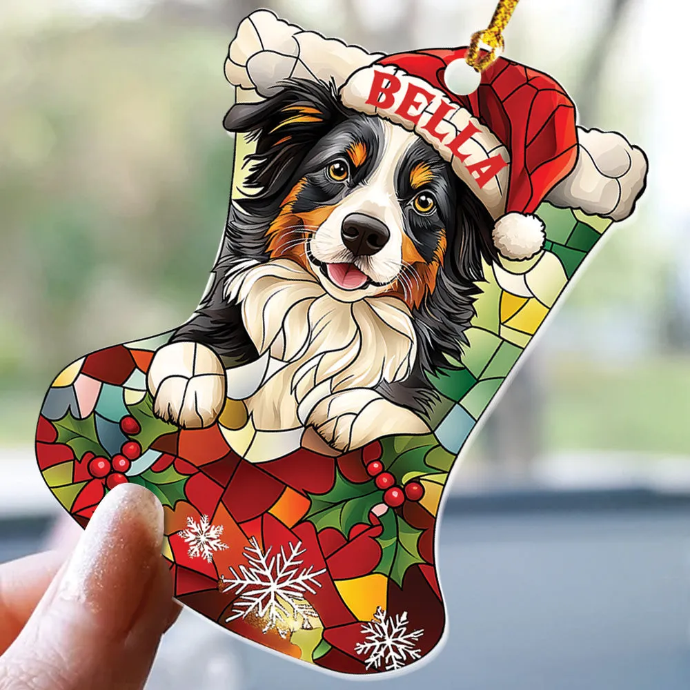 Teesdily | Custom Border Collie Ornament Christmas, Dog Santa Christmas Stocking Stain Glass Printed 2D Ornament, Dog Lover Gift