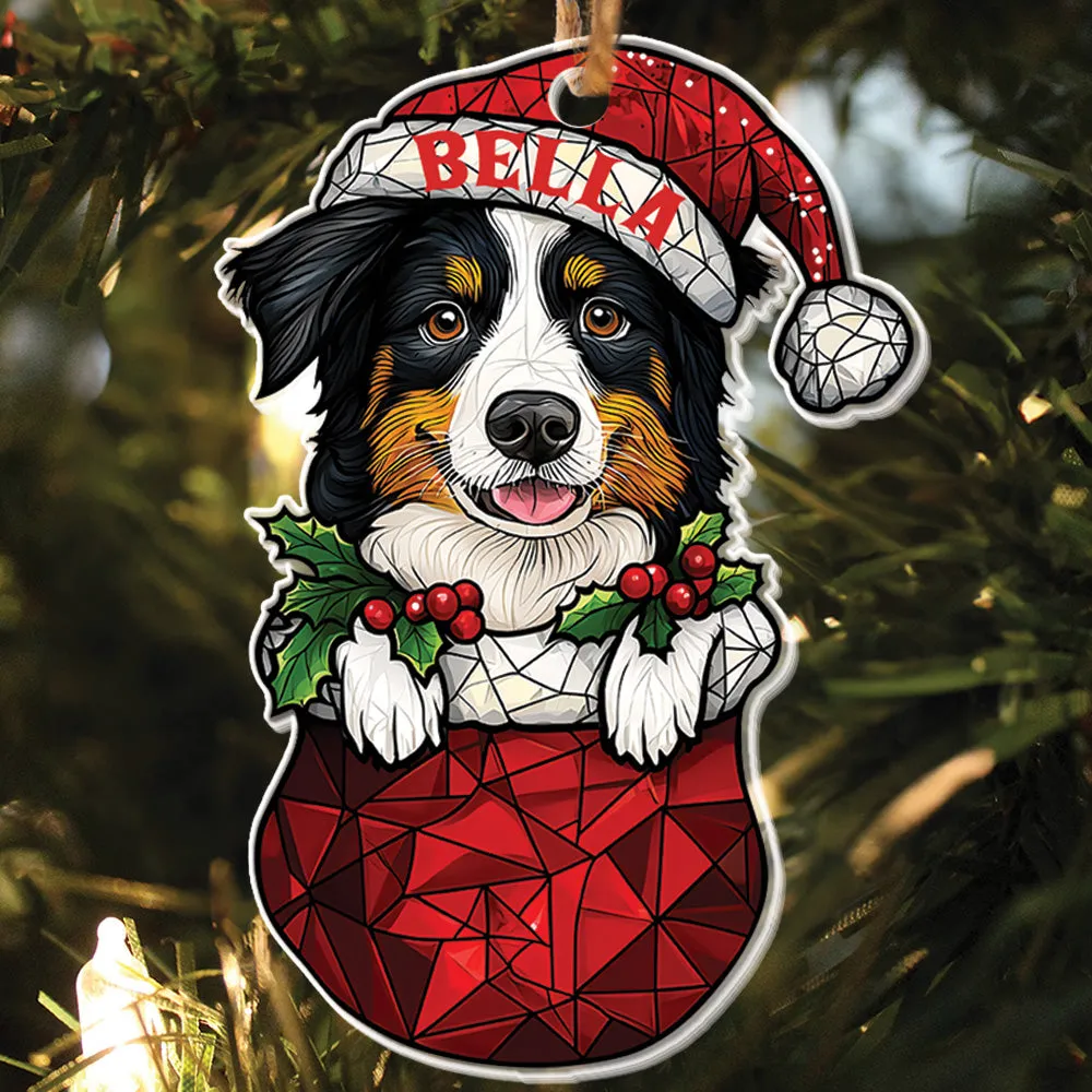 Teesdily | Custom Border Collie Ornament Christmas, Dog Santa Christmas Stocking Stain Glass Printed 2D Ornament, Dog Lover Gift