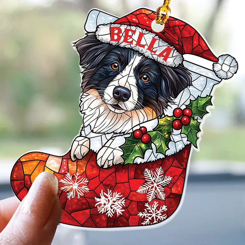 Teesdily | Custom Border Collie Ornament Christmas, Dog Santa Christmas Stocking Stain Glass Printed 2D Ornament, Dog Lover Gift