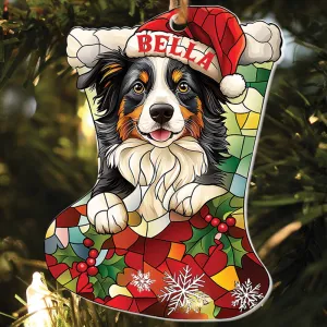 Teesdily | Custom Border Collie Ornament Christmas, Dog Santa Christmas Stocking Stain Glass Printed 2D Ornament, Dog Lover Gift