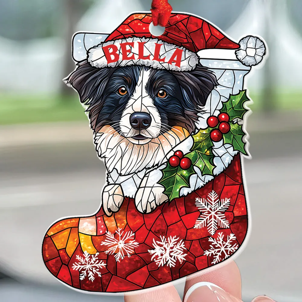 Teesdily | Custom Border Collie Ornament Christmas, Dog Santa Christmas Stocking Stain Glass Printed 2D Ornament, Dog Lover Gift