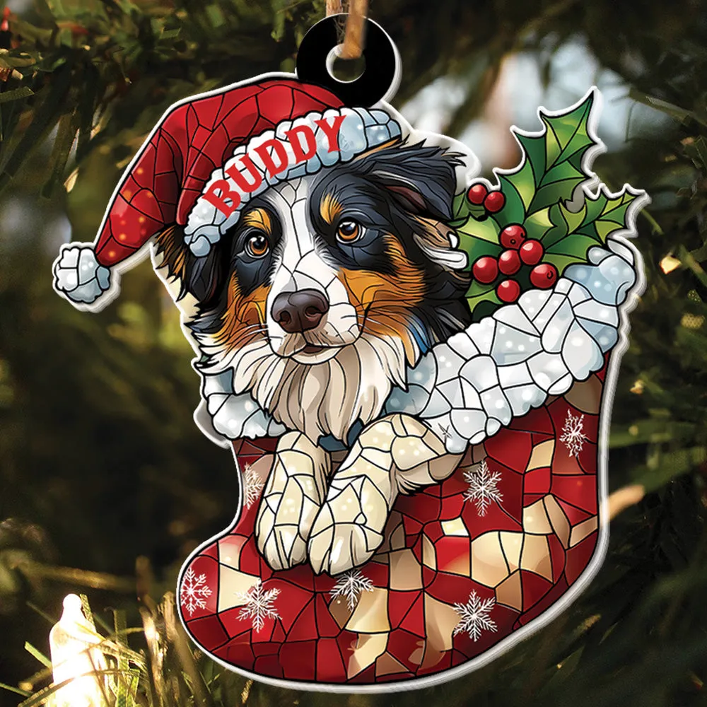 Teesdily | Custom Border Collie Ornament Christmas, Dog Santa Christmas Stocking Stain Glass Printed 2D Ornament, Dog Lover Gift