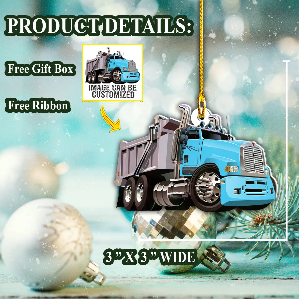 Teesdily | Customized Dump Truck Christmas Car Pendant Hanging With Picture Truck Driver Ornament Truckers Gifts Custom Photo Ornament Two Sided