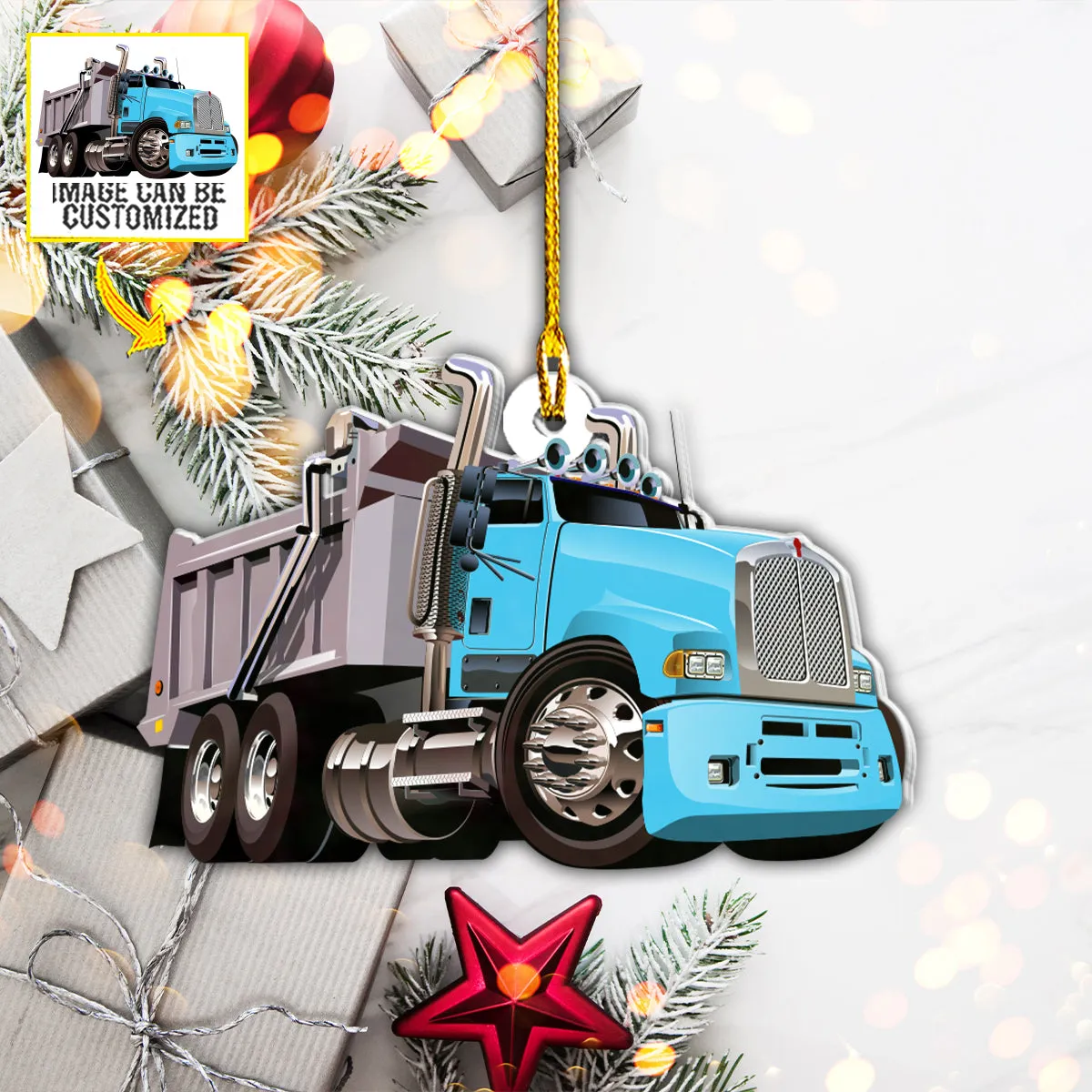Teesdily | Customized Dump Truck Christmas Car Pendant Hanging With Picture Truck Driver Ornament Truckers Gifts Custom Photo Ornament Two Sided