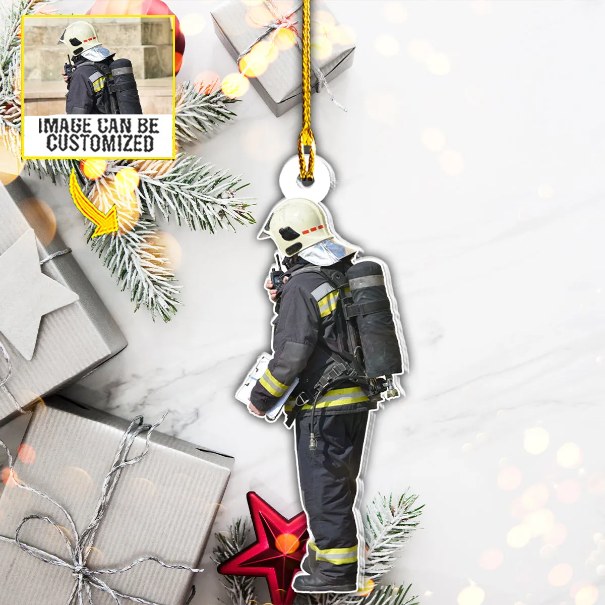 Teesdily | Customized Photo Firefighter Christmas Rear View Mirror Hanging Fireman Car Charms Gift For Firefighters Fireman Dad Father