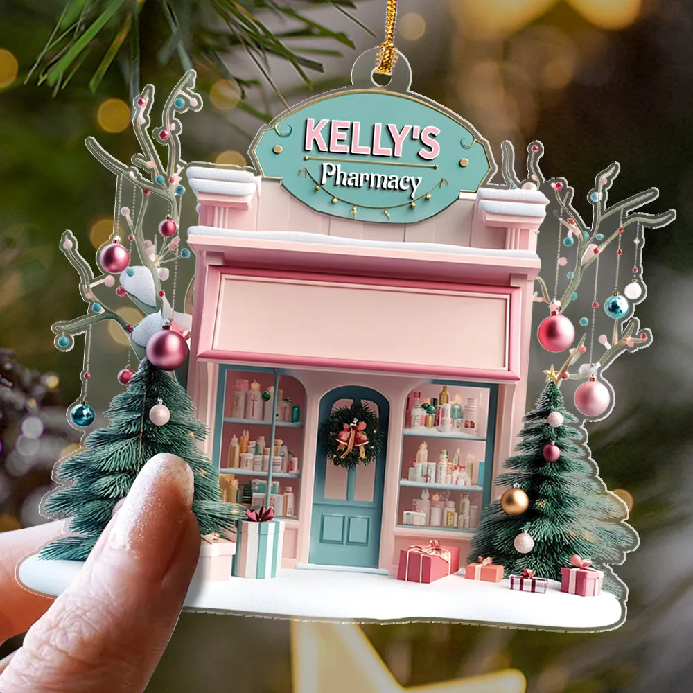 Teesdily | Customized Pink Pharmacy Drug Store, Cute 2D Flat Cosmetic Store Christmas Ornament, Pharmacist Gift, Beauty Store Gift