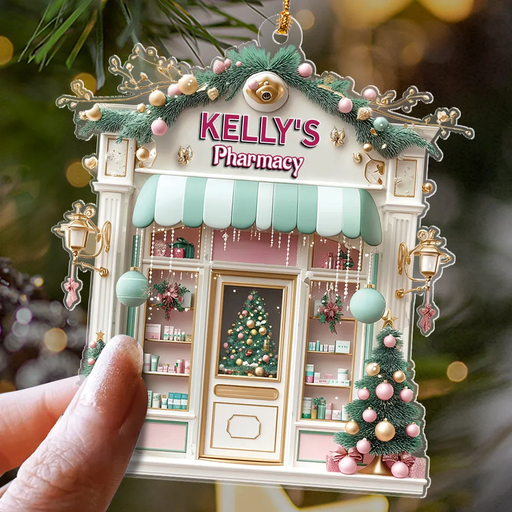 Teesdily | Customized Pink Pharmacy Drug Store, Cute 2D Flat Cosmetic Store Christmas Ornament, Pharmacist Gift, Beauty Store Gift