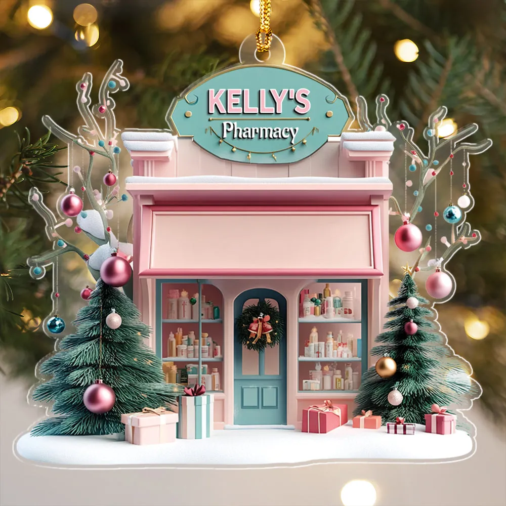Teesdily | Customized Pink Pharmacy Drug Store, Cute 2D Flat Cosmetic Store Christmas Ornament, Pharmacist Gift, Beauty Store Gift