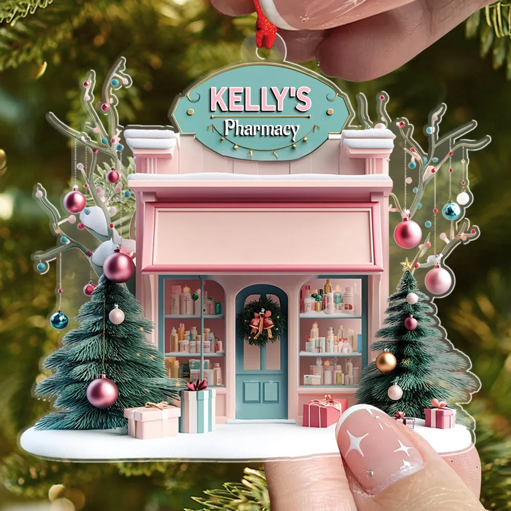 Teesdily | Customized Pink Pharmacy Drug Store, Cute 2D Flat Cosmetic Store Christmas Ornament, Pharmacist Gift, Beauty Store Gift