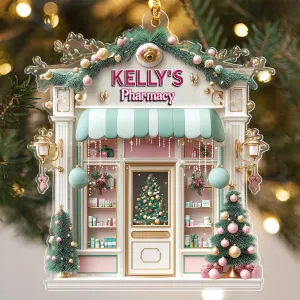 Teesdily | Customized Pink Pharmacy Drug Store, Cute 2D Flat Cosmetic Store Christmas Ornament, Pharmacist Gift, Beauty Store Gift