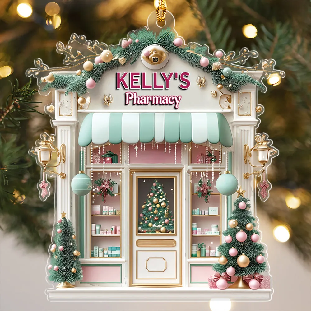 Teesdily | Customized Pink Pharmacy Drug Store, Cute 2D Flat Cosmetic Store Christmas Ornament, Pharmacist Gift, Beauty Store Gift