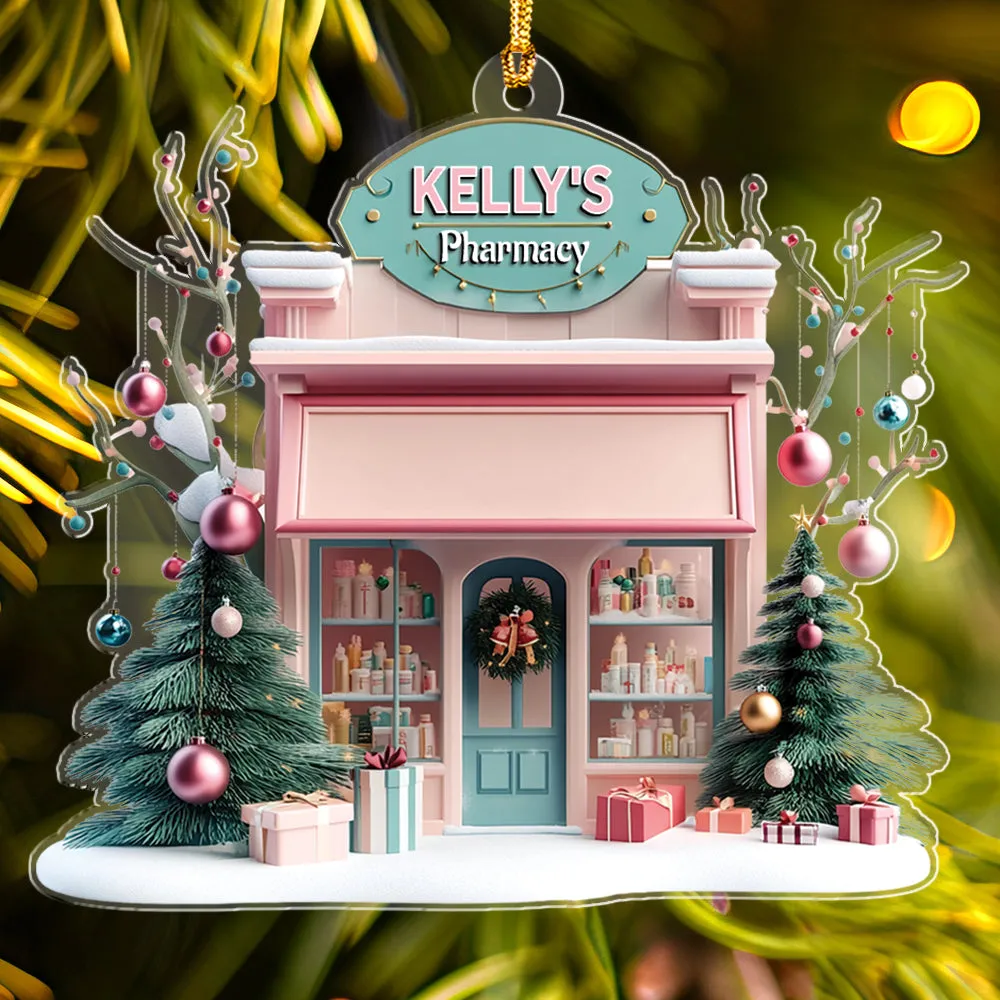 Teesdily | Customized Pink Pharmacy Drug Store, Cute 2D Flat Cosmetic Store Christmas Ornament, Pharmacist Gift, Beauty Store Gift
