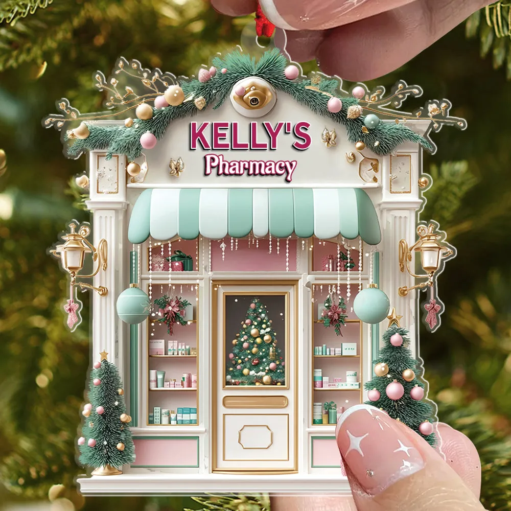 Teesdily | Customized Pink Pharmacy Drug Store, Cute 2D Flat Cosmetic Store Christmas Ornament, Pharmacist Gift, Beauty Store Gift