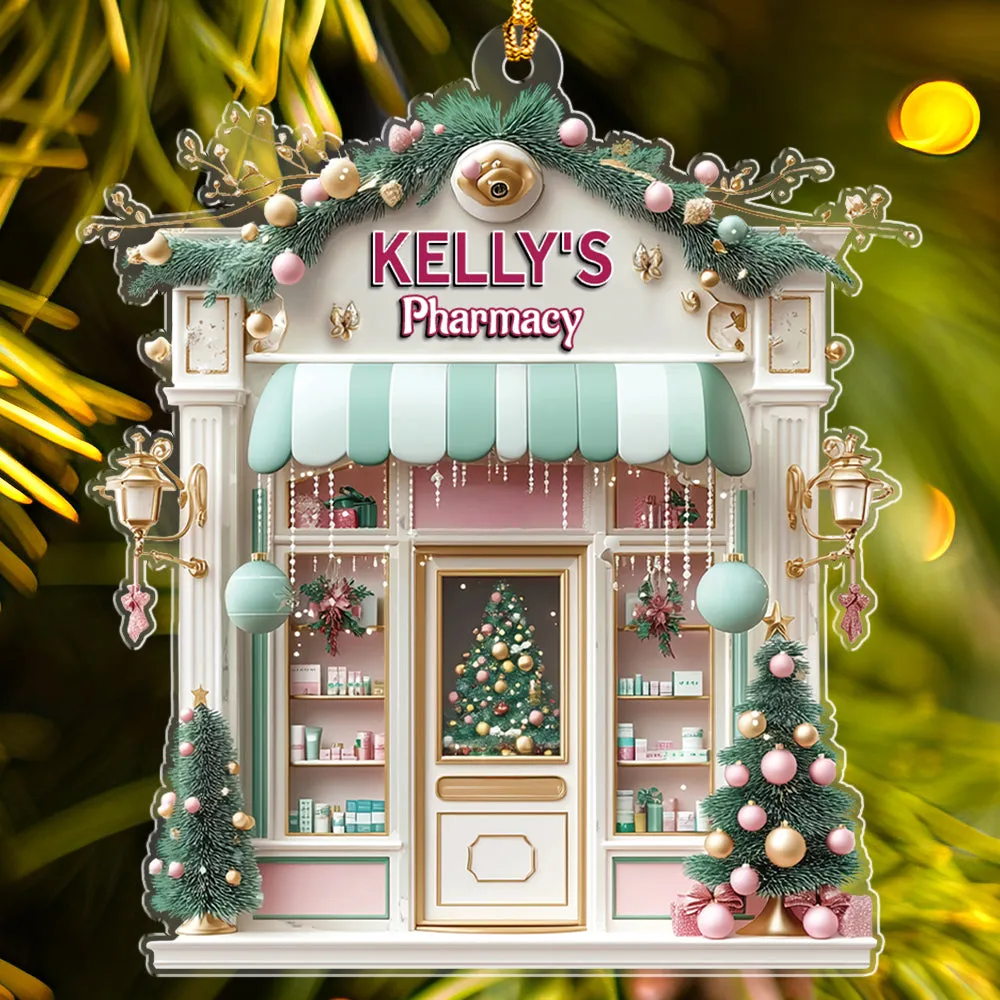 Teesdily | Customized Pink Pharmacy Drug Store, Cute 2D Flat Cosmetic Store Christmas Ornament, Pharmacist Gift, Beauty Store Gift