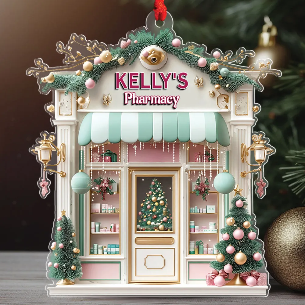 Teesdily | Customized Pink Pharmacy Drug Store, Cute 2D Flat Cosmetic Store Christmas Ornament, Pharmacist Gift, Beauty Store Gift