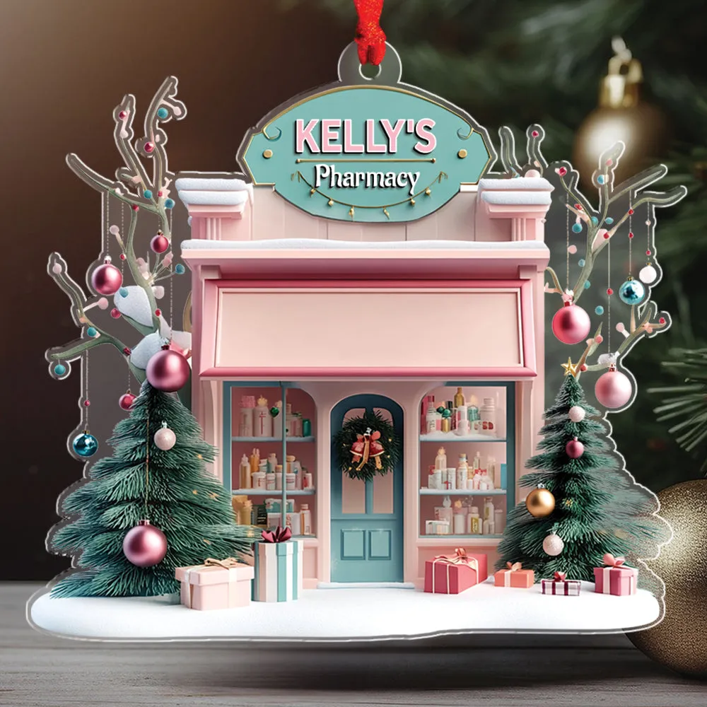 Teesdily | Customized Pink Pharmacy Drug Store, Cute 2D Flat Cosmetic Store Christmas Ornament, Pharmacist Gift, Beauty Store Gift
