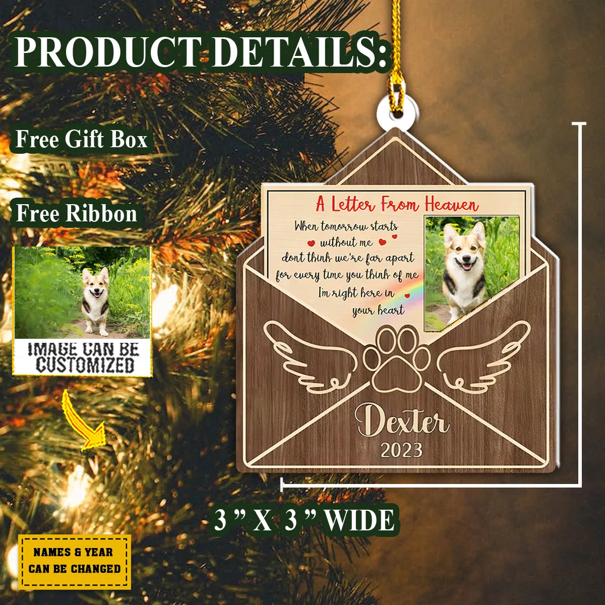 Teesdily | Pet Custom Photo Car Pendant Hanging Christmas A Letter From Heaven Dog Memorial Ornament Personalized Pet Memorial Ornament With Photo