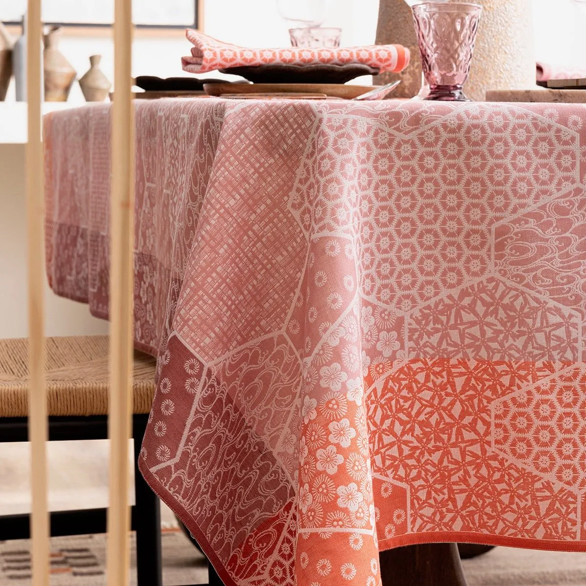 Wagara Pink 69" x 69" Coated Tablecloth by Le Jacquard Français