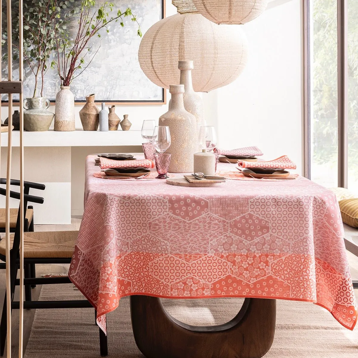Wagara Pink 69" x 69" Coated Tablecloth by Le Jacquard Français