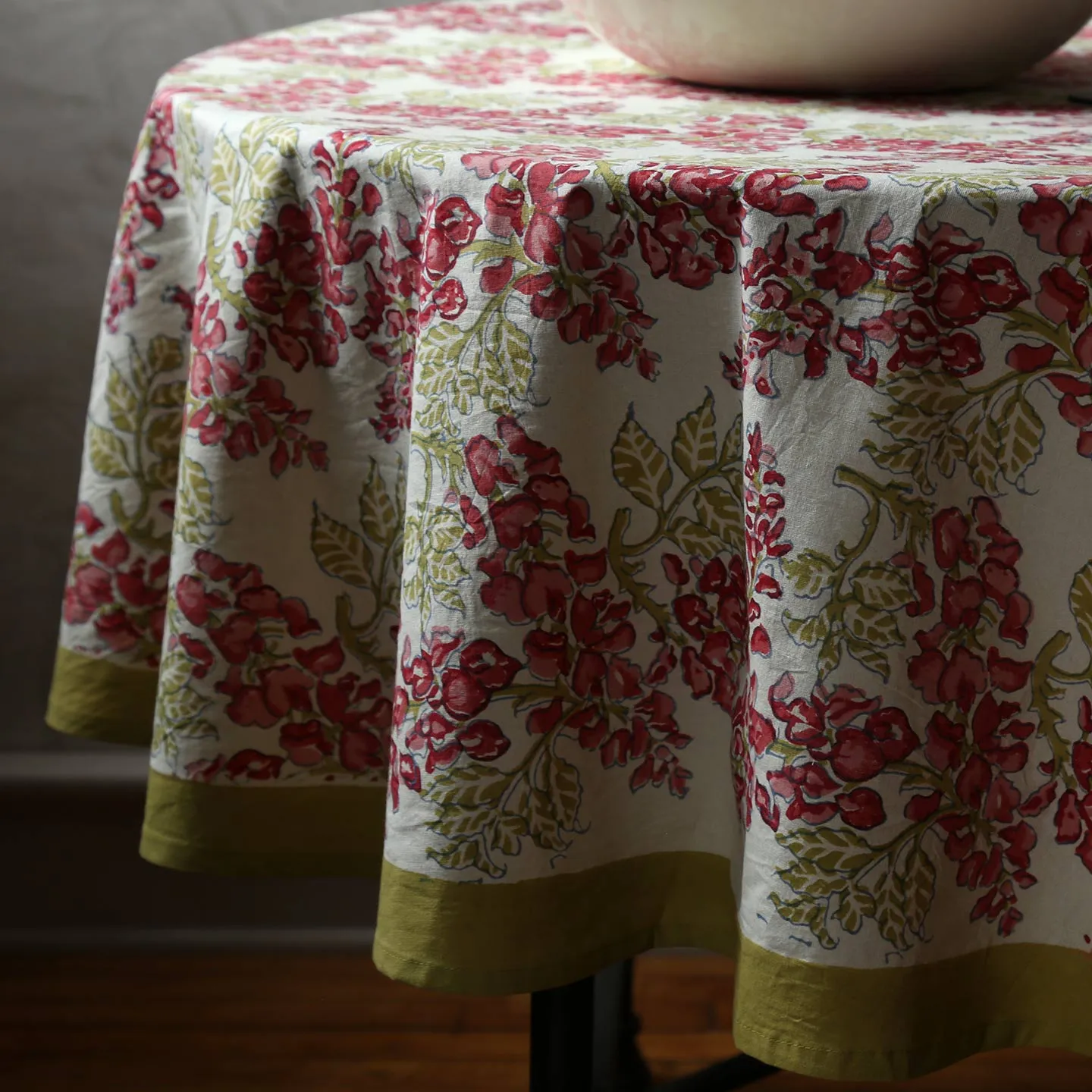 Wisteria Green & Pink Block Print Tablecloth/ Round