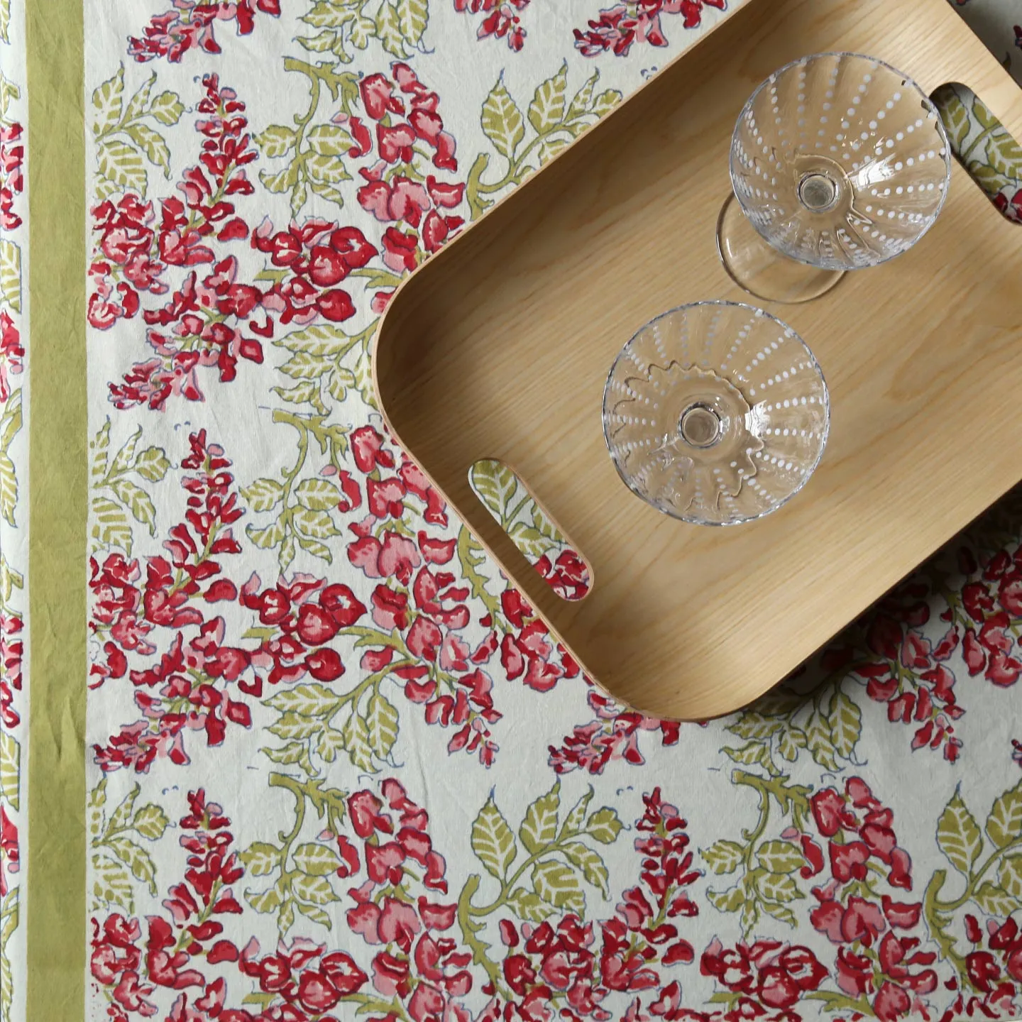 Wisteria Green & Pink Block Print Tablecloth/ Round